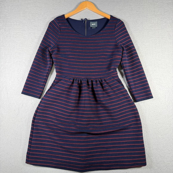 Maeve Dresses & Skirts - Maeve‎ Anthropologie Navy Burgundy Striped Fit Flare Dress Pockets 3/4 Sleeve 4